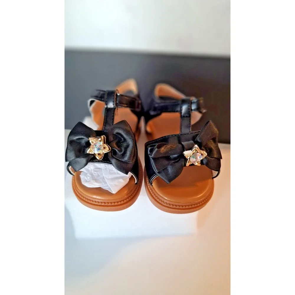 TODDLER GIRLS BLACK BOW DRESS SANDALS RHINESTONE CHARM SIZE 23 NEW